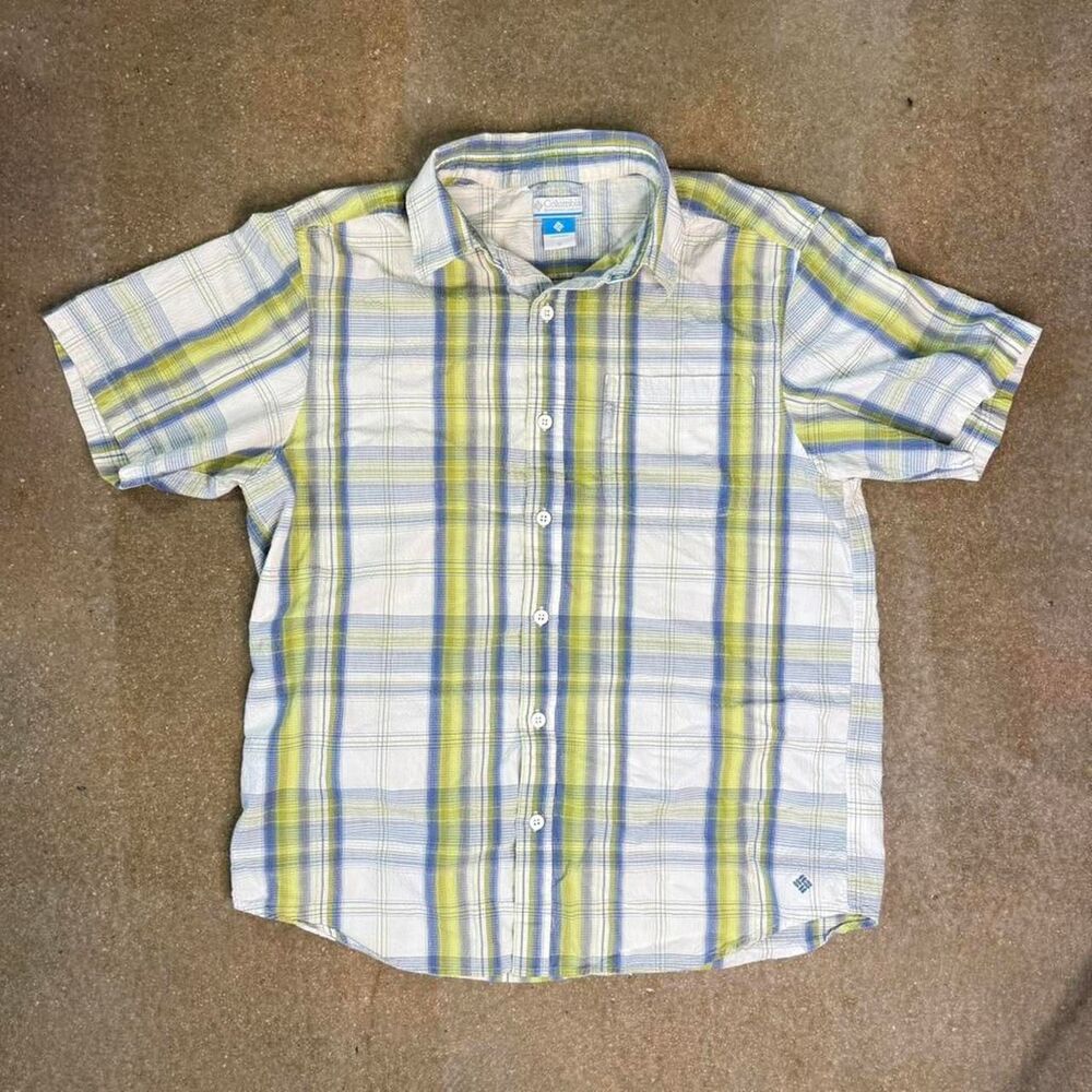 olumbia Plaid Seersucker Short Sleeve Button Up Green Blue Outdoor Shirt Size M
